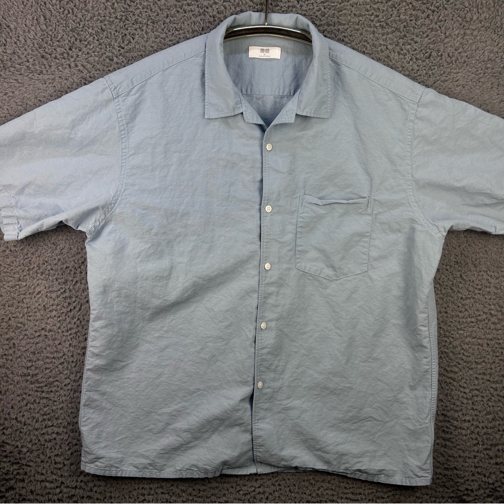 Uniqlo Button Down Shirt Mens XL Blue Cotton Linen Blend Short Sleeve Casual EUC